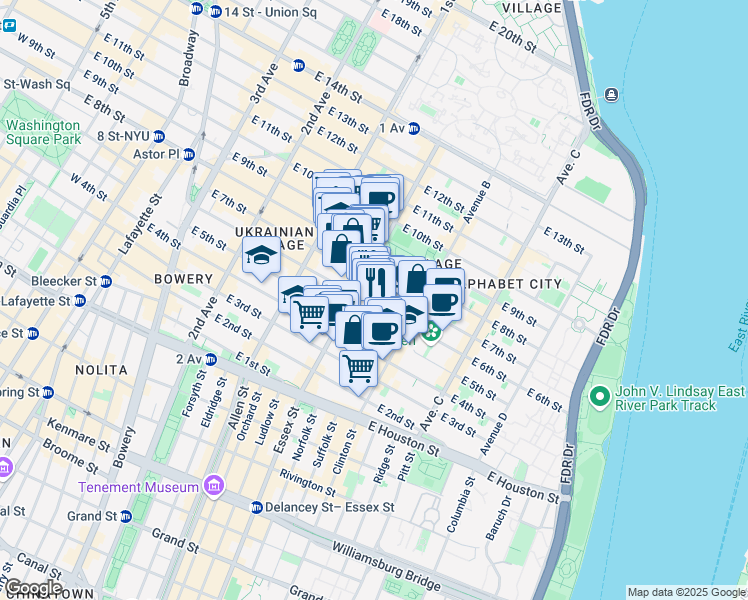 map of restaurants, bars, coffee shops, grocery stores, and more near 518 East 6th Street in New York