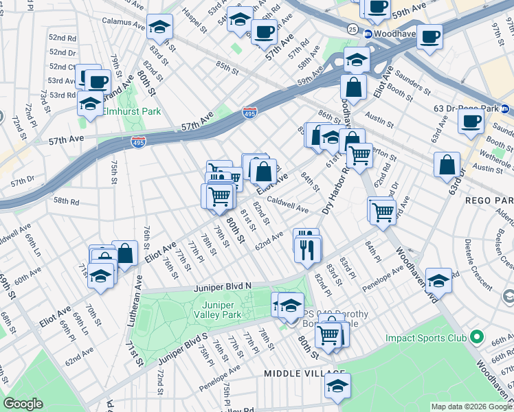 map of restaurants, bars, coffee shops, grocery stores, and more near 61-35 82nd Street in Queens