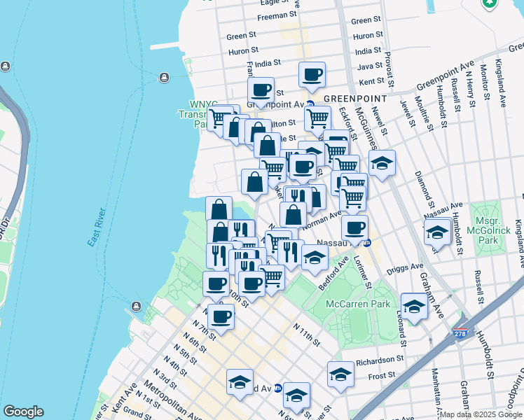 map of restaurants, bars, coffee shops, grocery stores, and more near 7 North 15th Street in Brooklyn