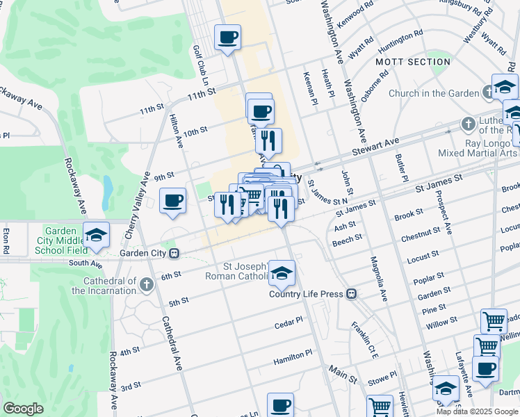 map of restaurants, bars, coffee shops, grocery stores, and more near 169 7th Street in Garden City