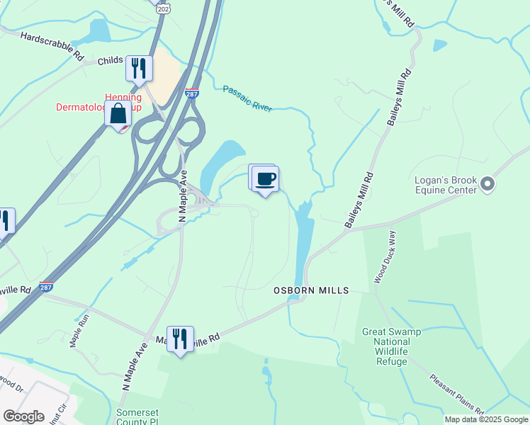 map of restaurants, bars, coffee shops, grocery stores, and more near 1 Verizon Way in Bernards