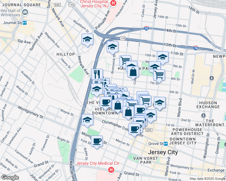map of restaurants, bars, coffee shops, grocery stores, and more near in Jersey City