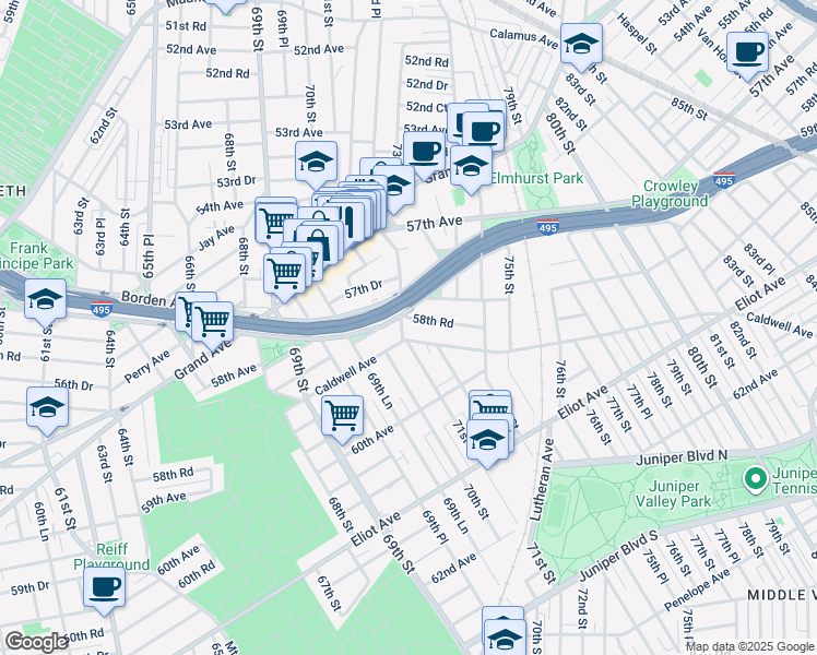 map of restaurants, bars, coffee shops, grocery stores, and more near 58-41 Mazeau Street in Queens