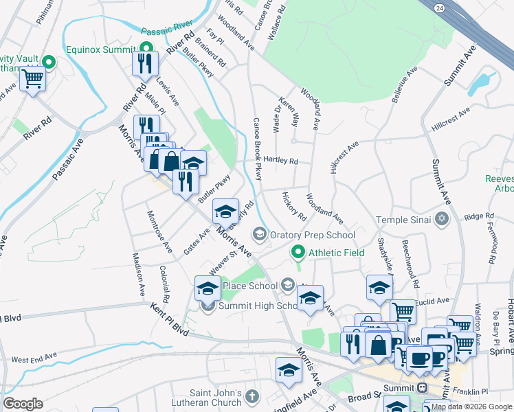 map of restaurants, bars, coffee shops, grocery stores, and more near 21 Beverly Road in Summit