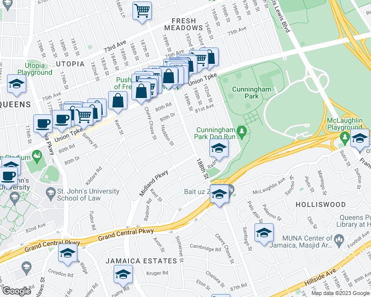 map of restaurants, bars, coffee shops, grocery stores, and more near 186-28 Aberdeen Road in Queens