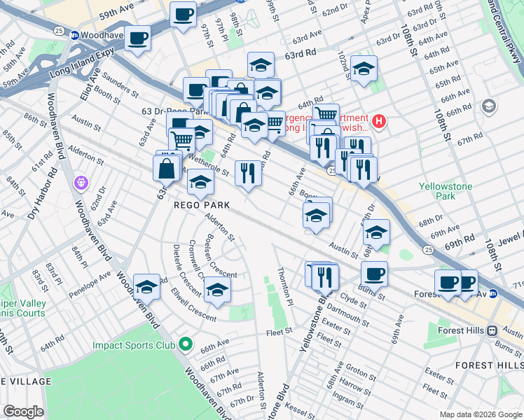 map of restaurants, bars, coffee shops, grocery stores, and more near 6560 Austin Street in Queens