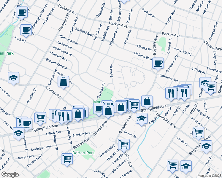 map of restaurants, bars, coffee shops, grocery stores, and more near 45 Essex Road in Maplewood
