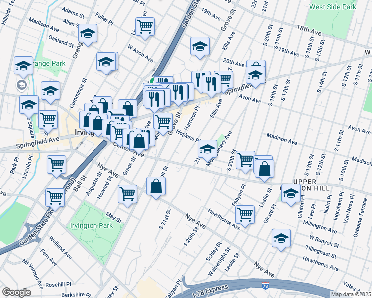 map of restaurants, bars, coffee shops, grocery stores, and more near 24 Ellis Avenue in Irvington
