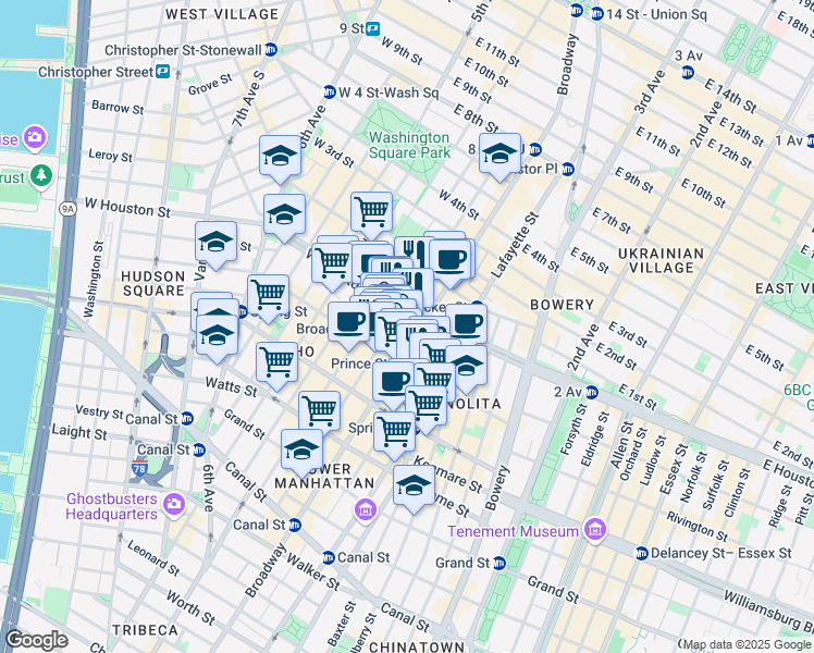 map of restaurants, bars, coffee shops, grocery stores, and more near in New York