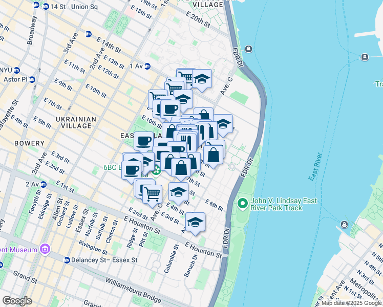 map of restaurants, bars, coffee shops, grocery stores, and more near 703 East 9th Street in New York