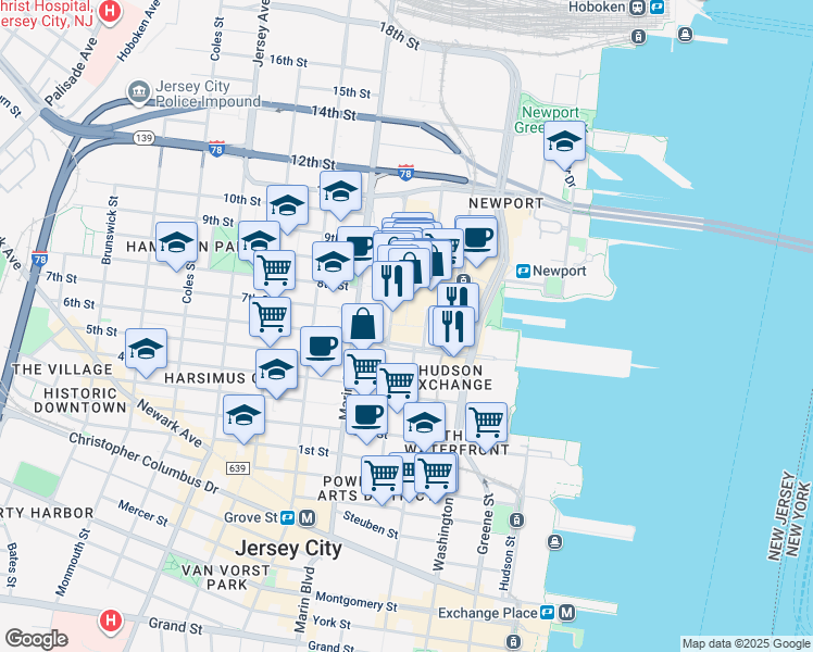 map of restaurants, bars, coffee shops, grocery stores, and more near 10 Mall Drive East in Jersey City
