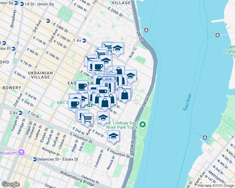 map of restaurants, bars, coffee shops, grocery stores, and more near 717 East 9th Street in New York