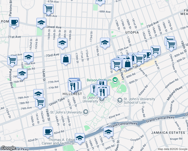 map of restaurants, bars, coffee shops, grocery stores, and more near 76-53 172nd Street in Queens