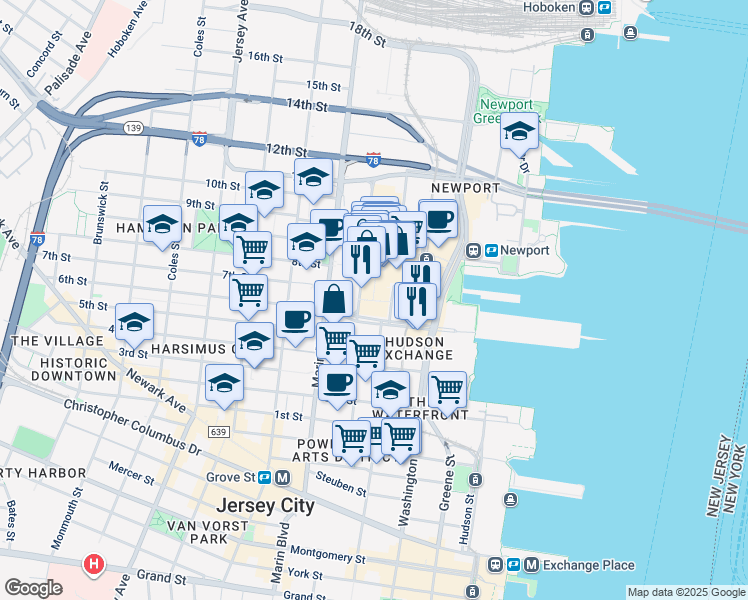 map of restaurants, bars, coffee shops, grocery stores, and more near 10 Mall Drive East in Jersey City