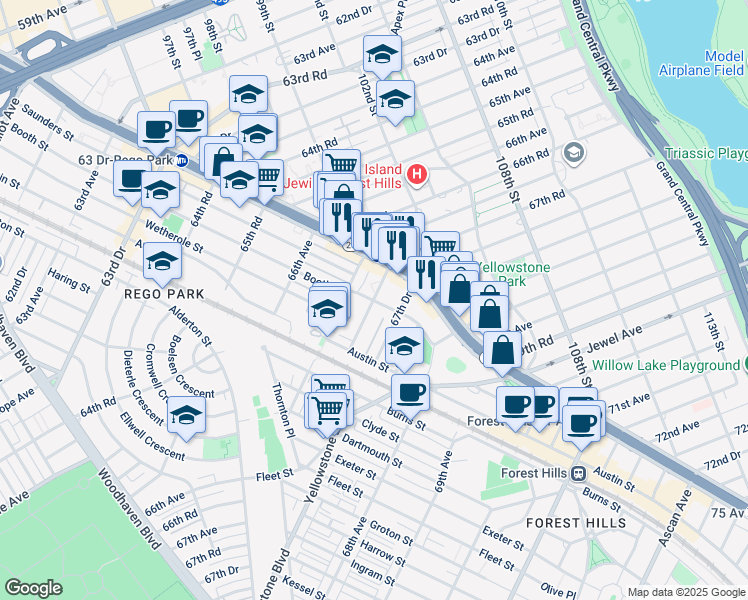 map of restaurants, bars, coffee shops, grocery stores, and more near 99-45 67th Road in Queens