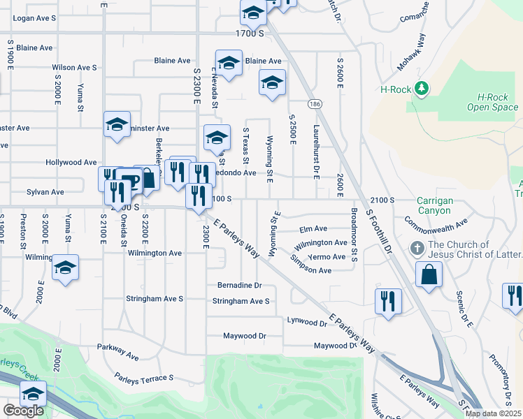 map of restaurants, bars, coffee shops, grocery stores, and more near 2119 King Street in Salt Lake City