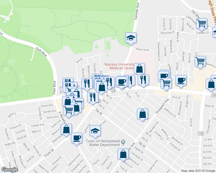 map of restaurants, bars, coffee shops, grocery stores, and more near 2107 Hempstead Turnpike in East Meadow