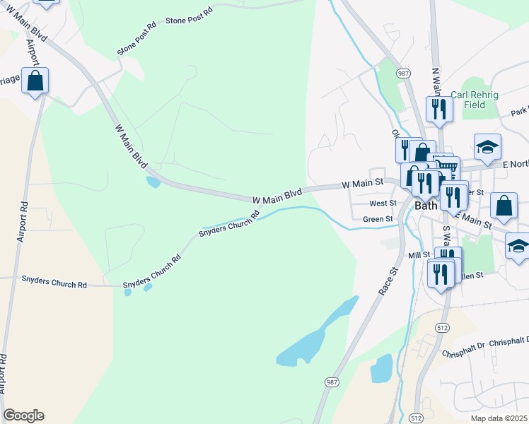 map of restaurants, bars, coffee shops, grocery stores, and more near 6436 Snyders Church Road in Bath