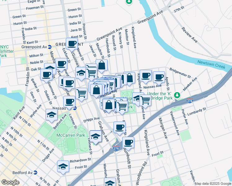 map of restaurants, bars, coffee shops, grocery stores, and more near 663 Humboldt Street in Brooklyn