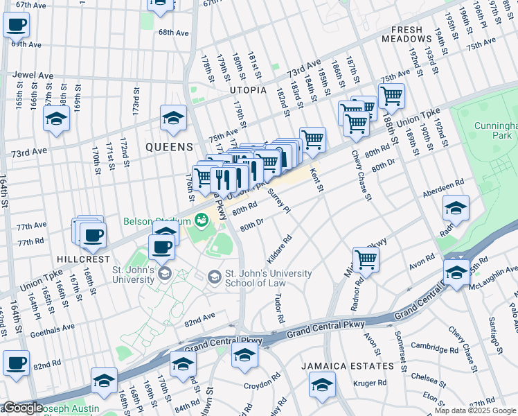 map of restaurants, bars, coffee shops, grocery stores, and more near 178-03 80th Drive in Queens