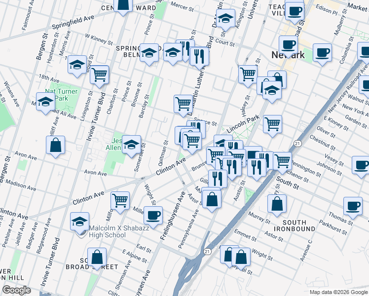 map of restaurants, bars, coffee shops, grocery stores, and more near 147-155 Clinton Avenue in Newark
