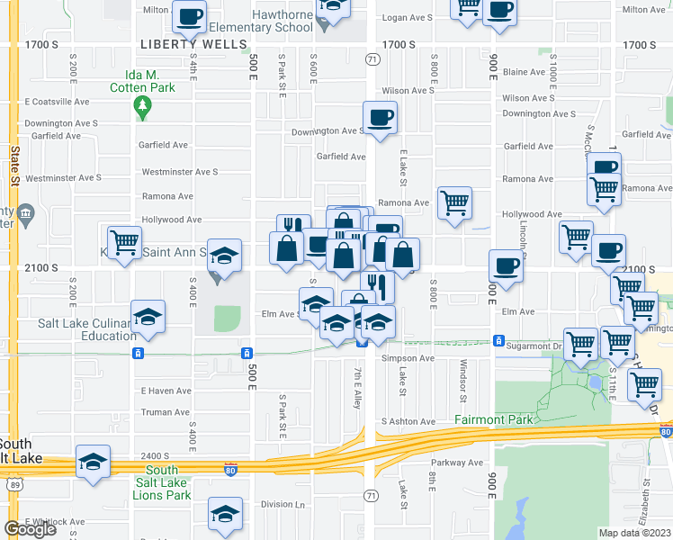 map of restaurants, bars, coffee shops, grocery stores, and more near 1539 South Green Street in Salt Lake City