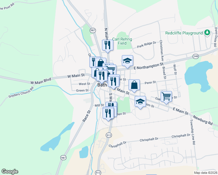 map of restaurants, bars, coffee shops, grocery stores, and more near 208 South Walnut Street in Bath