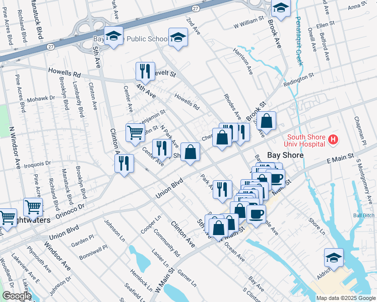 map of restaurants, bars, coffee shops, grocery stores, and more near 101 Railroad Plaza in Bay Shore