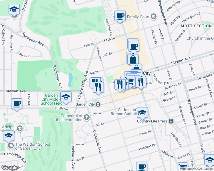 map of restaurants, bars, coffee shops, grocery stores, and more near 100 Hilton Avenue in Garden City