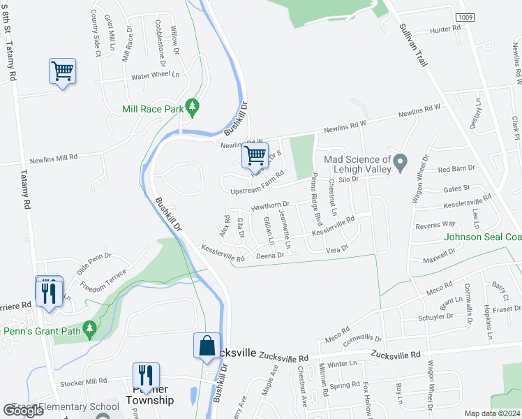 map of restaurants, bars, coffee shops, grocery stores, and more near 2615 Gillian Lane in Easton