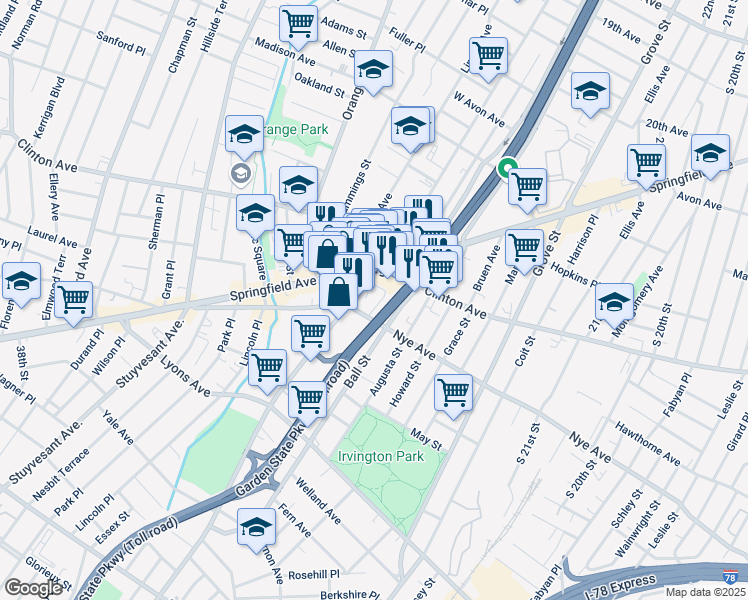 map of restaurants, bars, coffee shops, grocery stores, and more near 561 Nye Avenue in Irvington