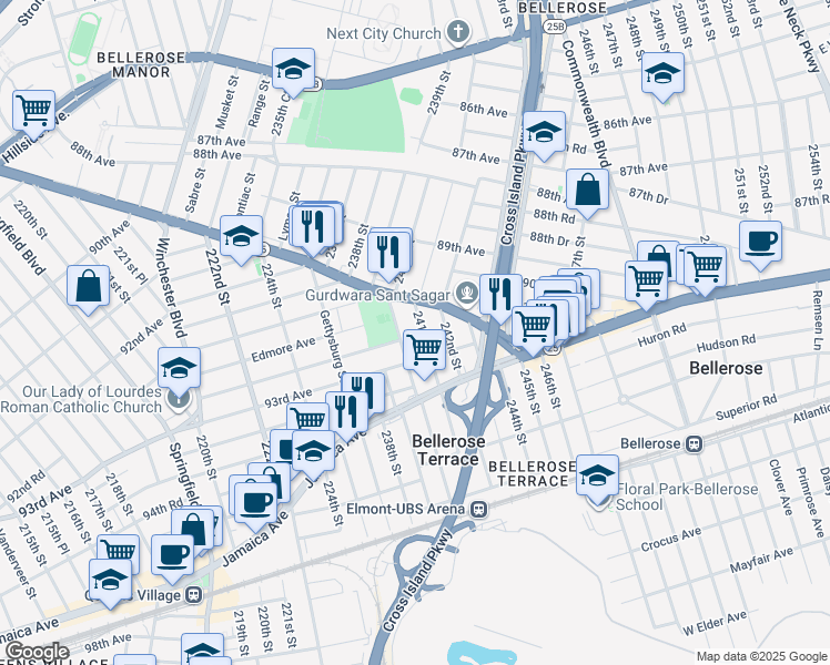 map of restaurants, bars, coffee shops, grocery stores, and more near 52 240th Street in Queens
