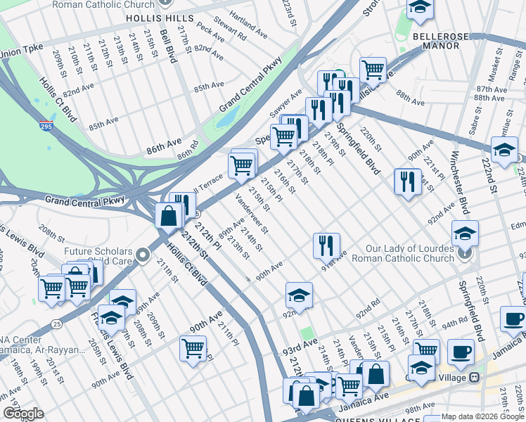 map of restaurants, bars, coffee shops, grocery stores, and more near 89-17 Vanderveer Street in Queens