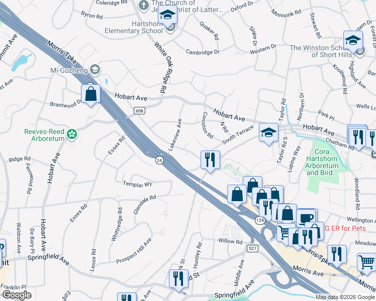 map of restaurants, bars, coffee shops, grocery stores, and more near 15 West Road in Essex County