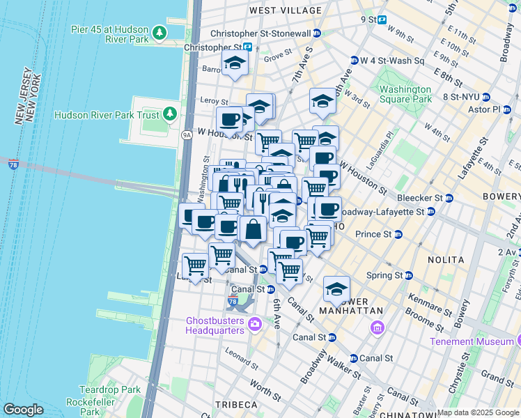 map of restaurants, bars, coffee shops, grocery stores, and more near 38 Dominick Street in New York