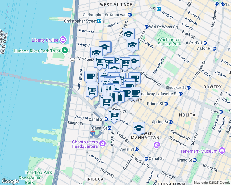 map of restaurants, bars, coffee shops, grocery stores, and more near 155 6th Avenue in New York
