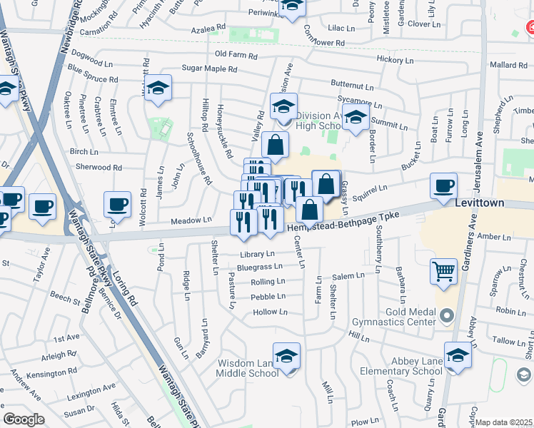 map of restaurants, bars, coffee shops, grocery stores, and more near 2939 Hempstead Turnpike in Levittown