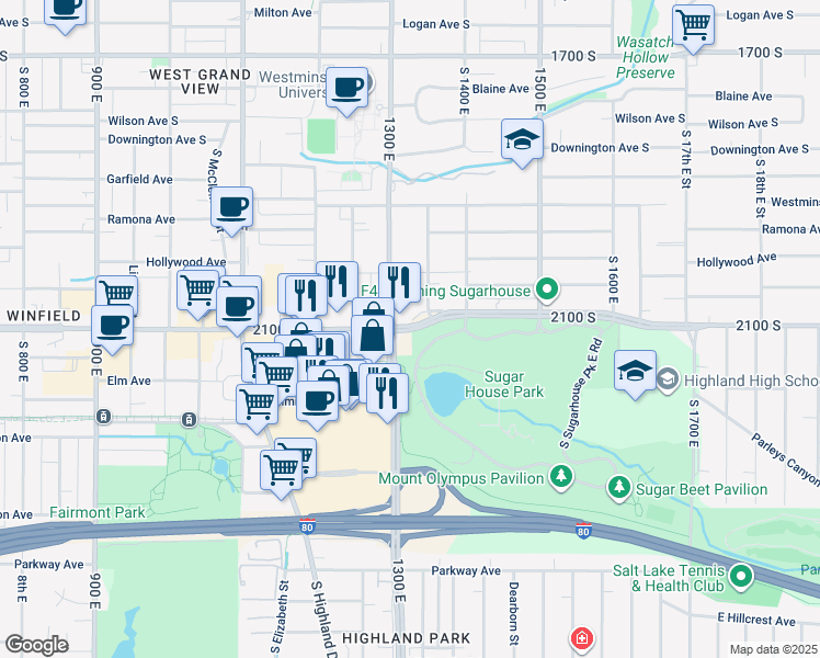 map of restaurants, bars, coffee shops, grocery stores, and more near 2111 1300 East in Salt Lake City