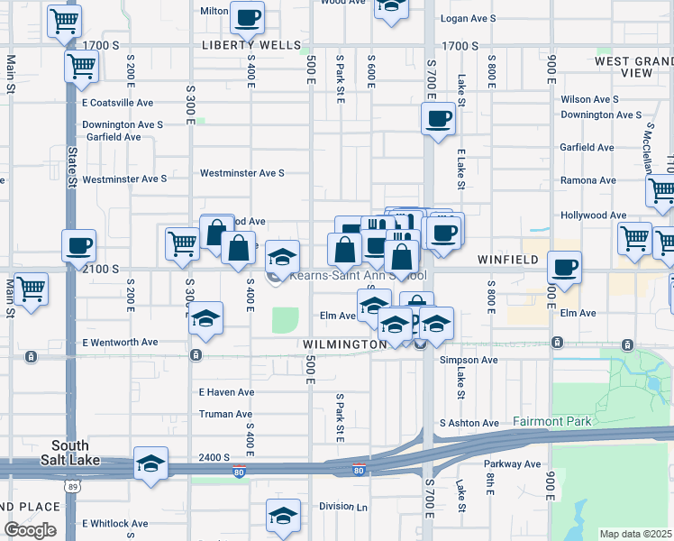 map of restaurants, bars, coffee shops, grocery stores, and more near 527 East Commonwealth Avenue in Salt Lake City