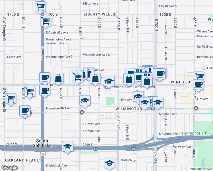 map of restaurants, bars, coffee shops, grocery stores, and more near 430 East 2100 South in South Salt Lake