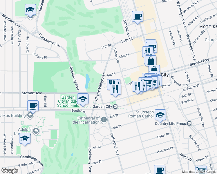 map of restaurants, bars, coffee shops, grocery stores, and more near 45 7th Street in Garden City