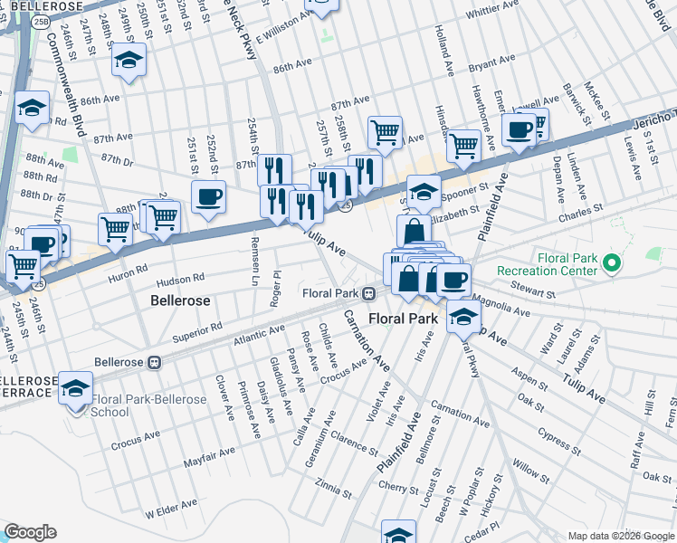 map of restaurants, bars, coffee shops, grocery stores, and more near 44-46 Carnation Avenue in Floral Park