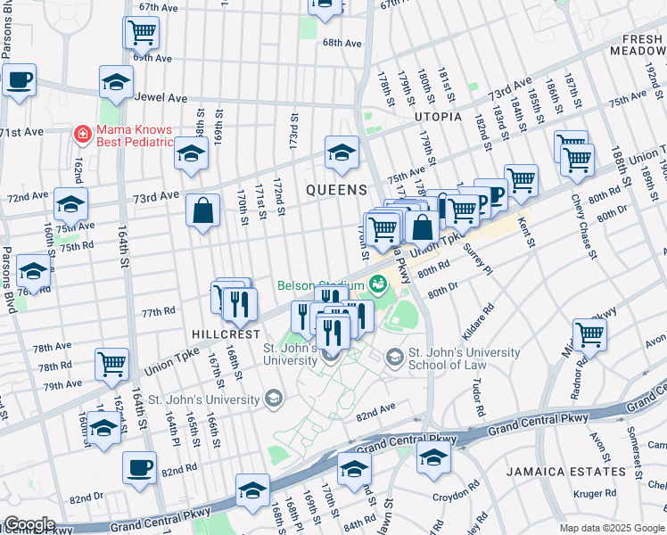 map of restaurants, bars, coffee shops, grocery stores, and more near 76-58 174th Street in Queens