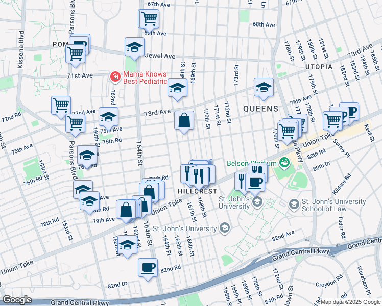 map of restaurants, bars, coffee shops, grocery stores, and more near 76-46 169th Street in Queens