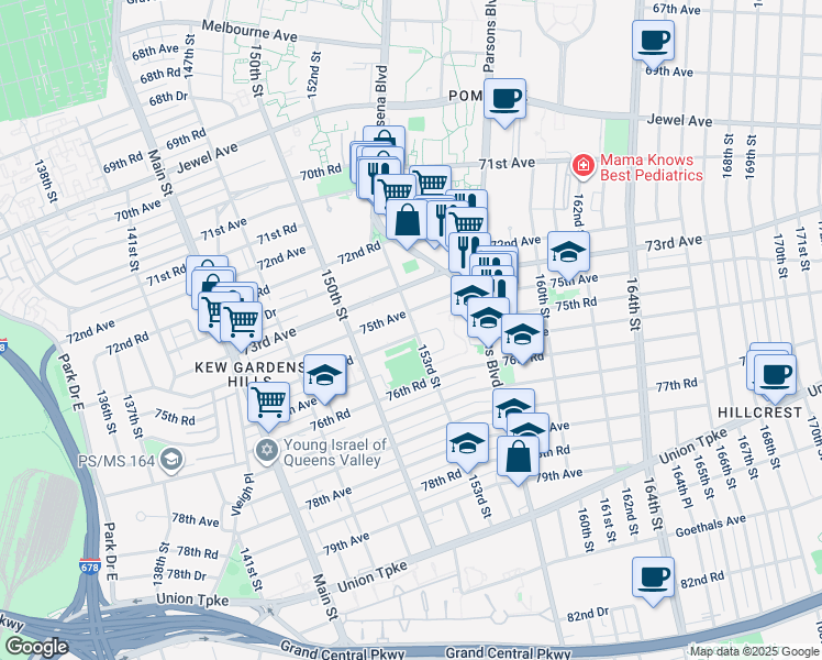 map of restaurants, bars, coffee shops, grocery stores, and more near 75-10 153rd Street in Queens