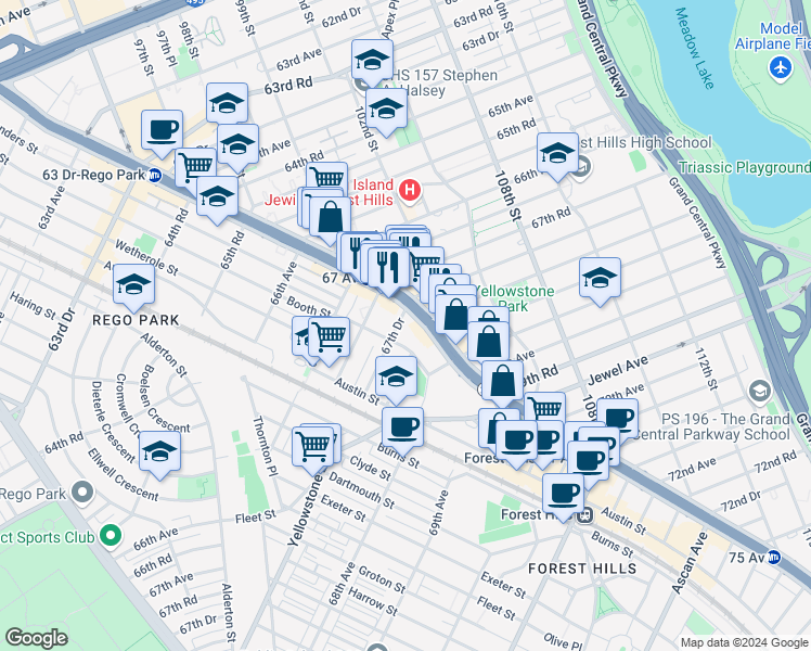 map of restaurants, bars, coffee shops, grocery stores, and more near 67-50 Booth Street in Queens