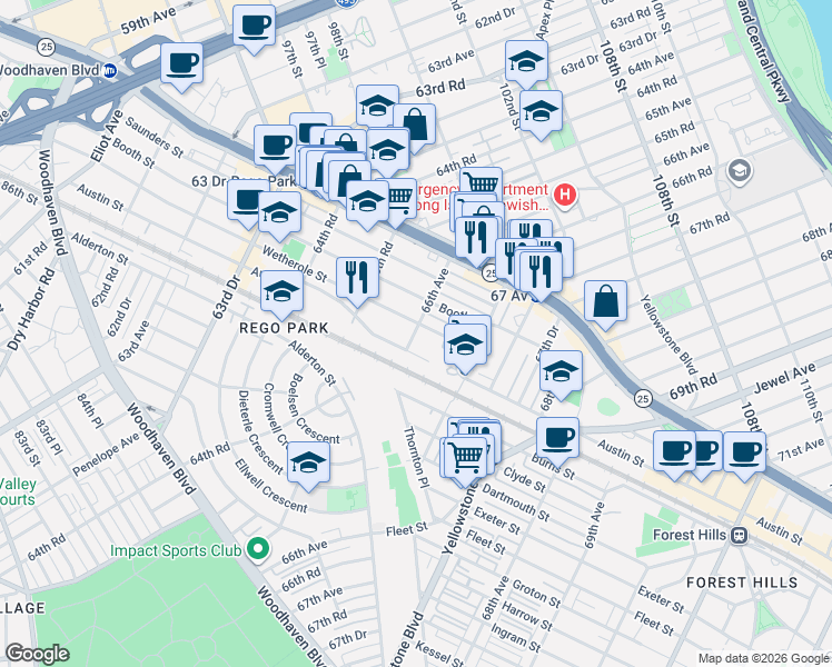 map of restaurants, bars, coffee shops, grocery stores, and more near 66-17 Austin Street in Queens