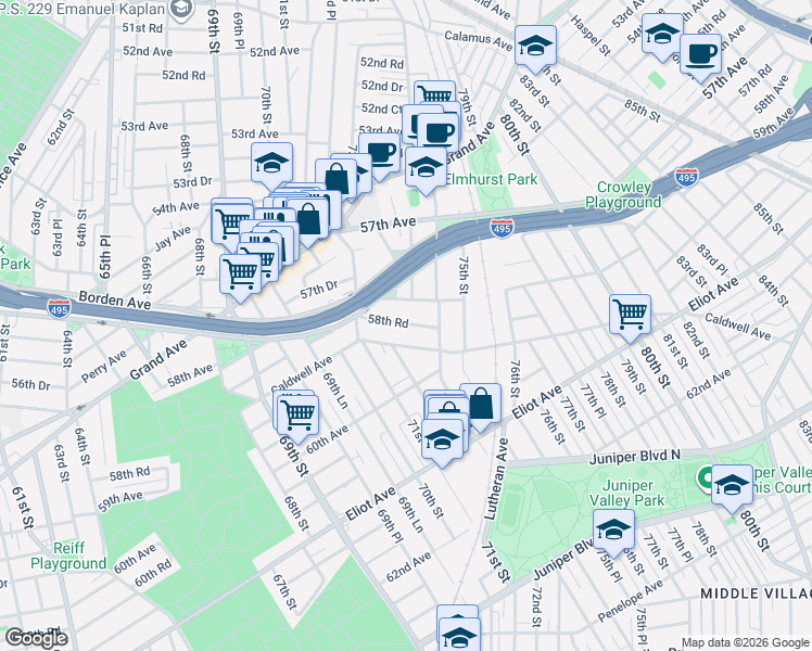 map of restaurants, bars, coffee shops, grocery stores, and more near 72-05 Caldwell Avenue in Queens