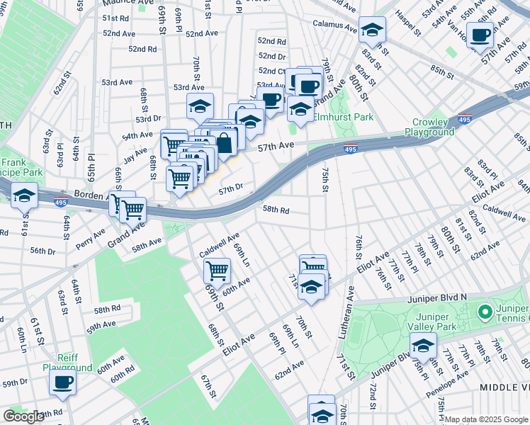 map of restaurants, bars, coffee shops, grocery stores, and more near 58-41 Mazeau Street in Queens