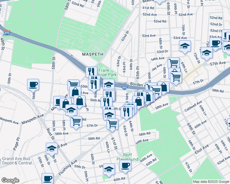 map of restaurants, bars, coffee shops, grocery stores, and more near 61-14 55th Drive in Queens